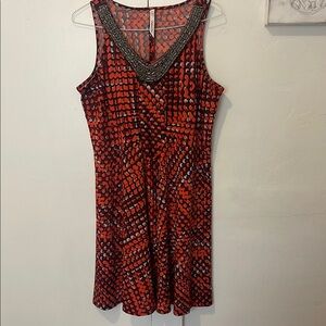 Catherines Red and Black Patterned Dress with Beaded Detail